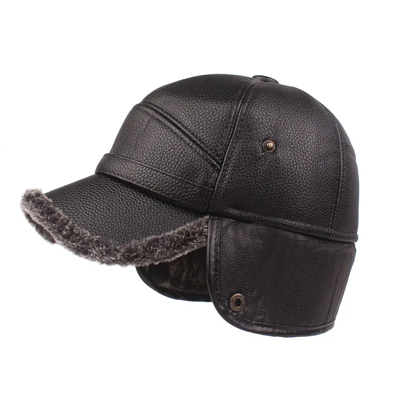 

Mens' Leather Hat Winter Warm Trapper Outdoor Hunting Ear Flap Baseball Cap with Brim FS99