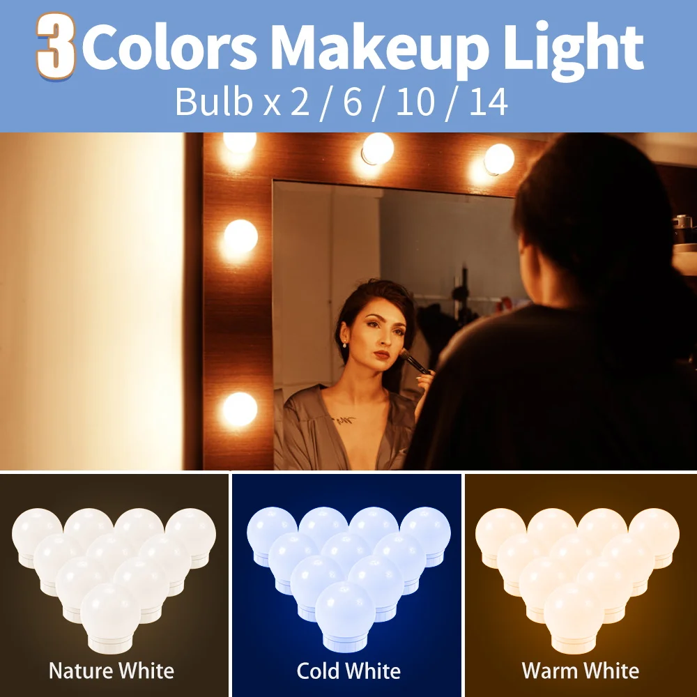 

3 Color Dimming LED Dressing Table Lamp USB Hollywood Vanity Mirror Light Decorative Wall Mirrors In The Bathroom Lamp Bulbs Kit