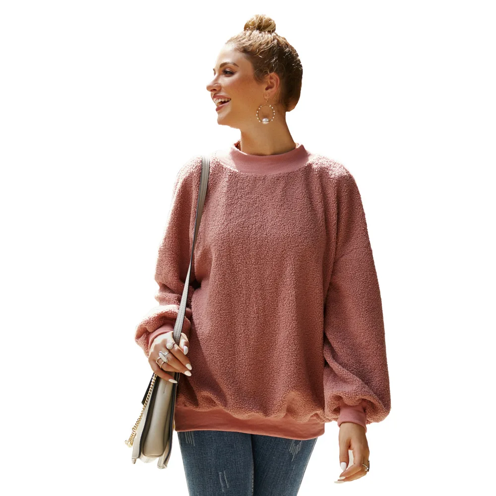 

Winter Fleece Faux Fur Sweatshirt O Neck Pullover Women Loose Casual Sweatshirts Female Thicken Warm Plush Tops with Pockets