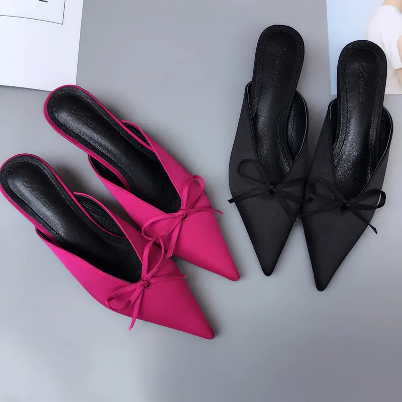 

Thin Heels Med Slippers Casual Shoes Butterfly-Knot Slides Pointed Toe Slipers Women Luxury Summer 2022 Basic Butterfly-knot Rom