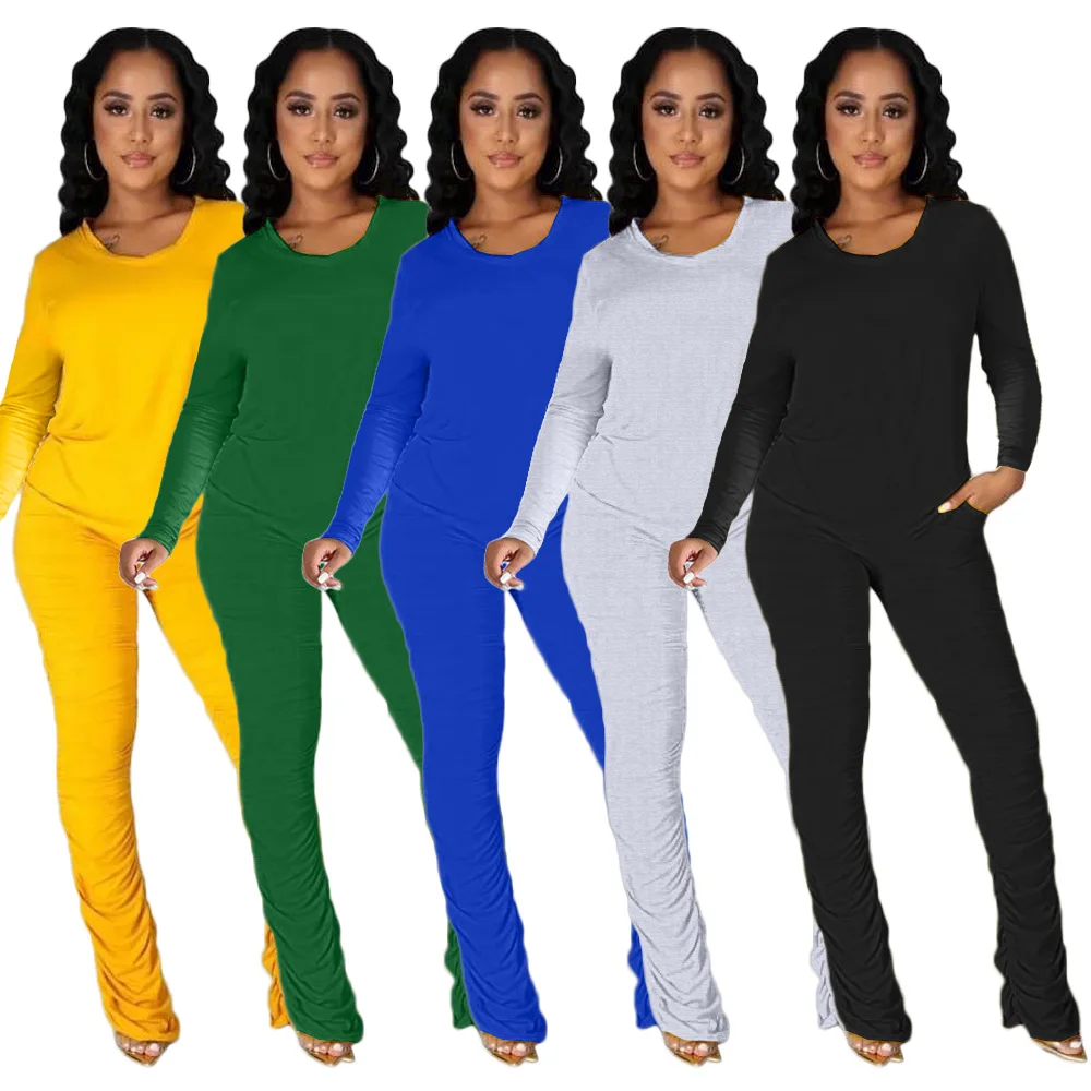 

Porpora Two Piece Set Women Casual Homewear Solid Original Urban Long Sleeve Folds Fashion Wholesale Item Pants Set 2021 Autumn