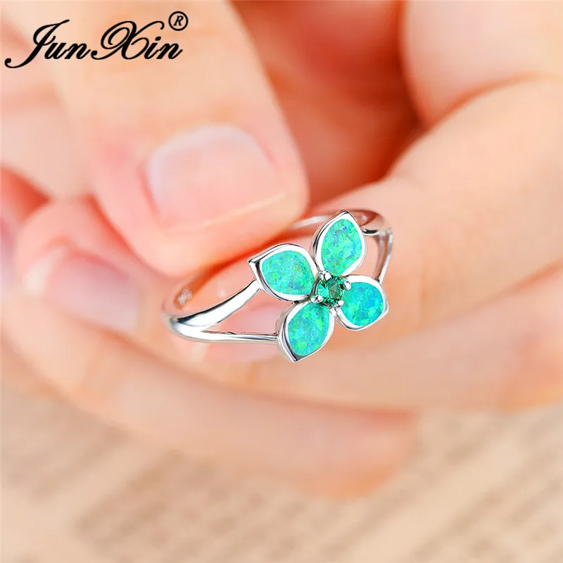 Очарование завод цветок кольцо из белого золота цвет радуги зеленый сине-белые