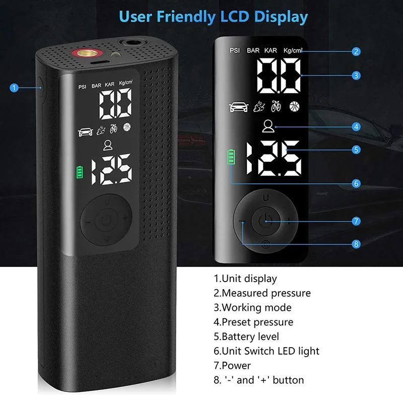 Electric vehicle air pump mini tire wireless LCD inflation portable 120psi compressor engine TPMS bicycle | Автомобили и