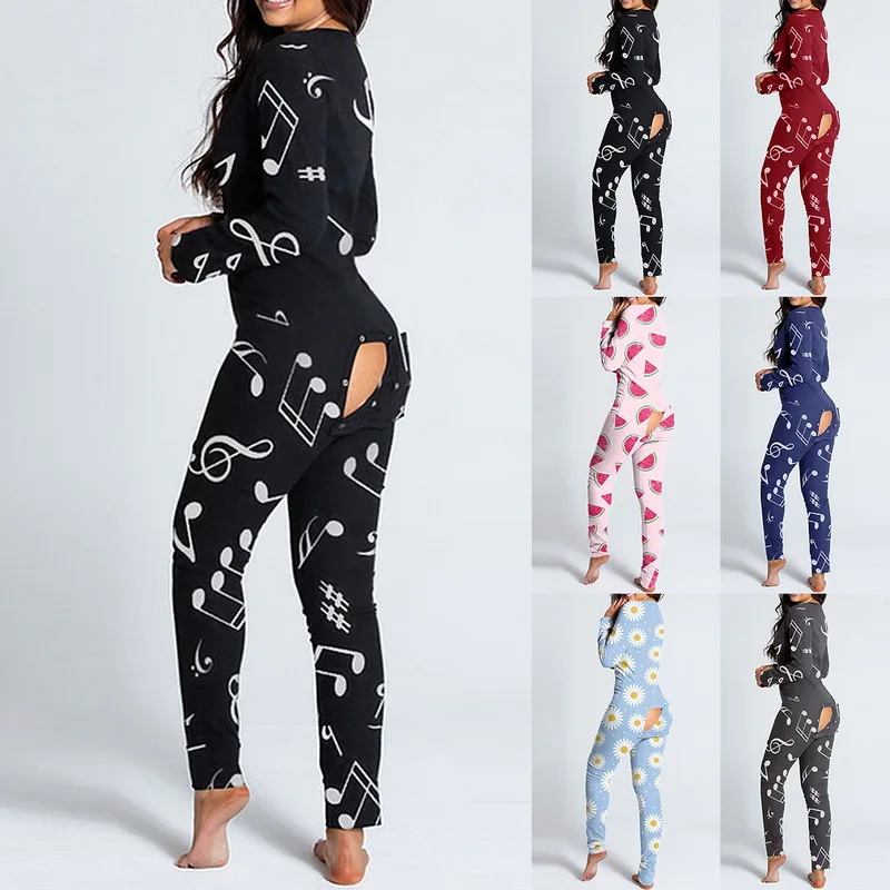 

Sexy Pijamas Women Cutout Functional Buttoned Flap Adults Pajamas Casual Long Sleeve V-Neck Club Jumpsuit Female Home Sleepwear