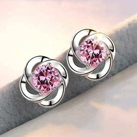 925 silver color jewelry earrings fine cute flower inlaid pink zircon ear studs simple and popular earrings for women