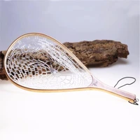 fishing landing net wooden handle fly trout soft rubber net mesh catcher collapsible fishing tools portable landing dip net