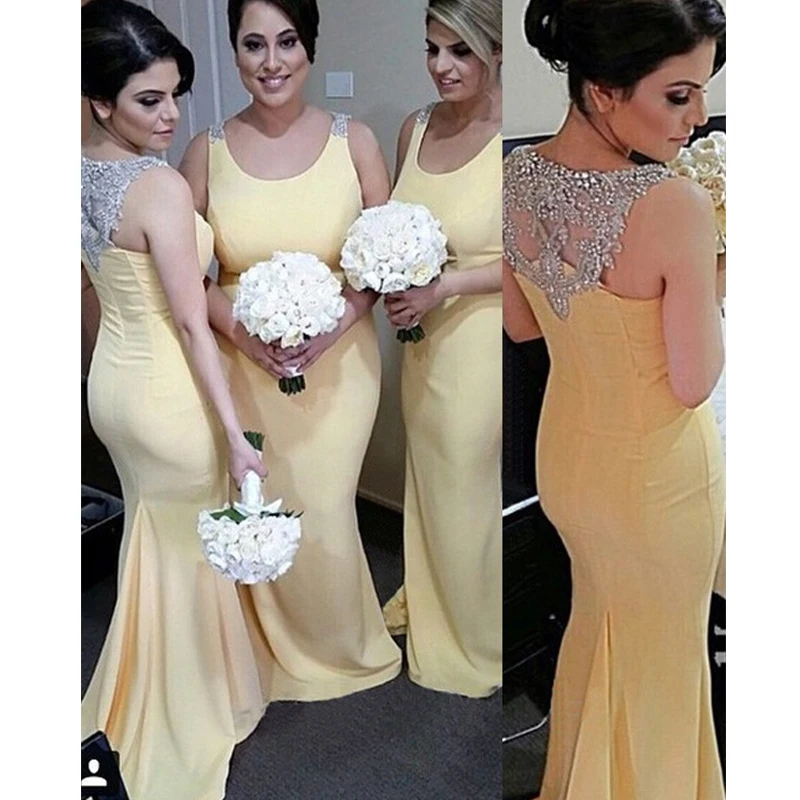

Custom Made Cowl Neck Yellow Long Satin Summer Beach Wedding Guest Dresses Bridesmaid Dresses 2021