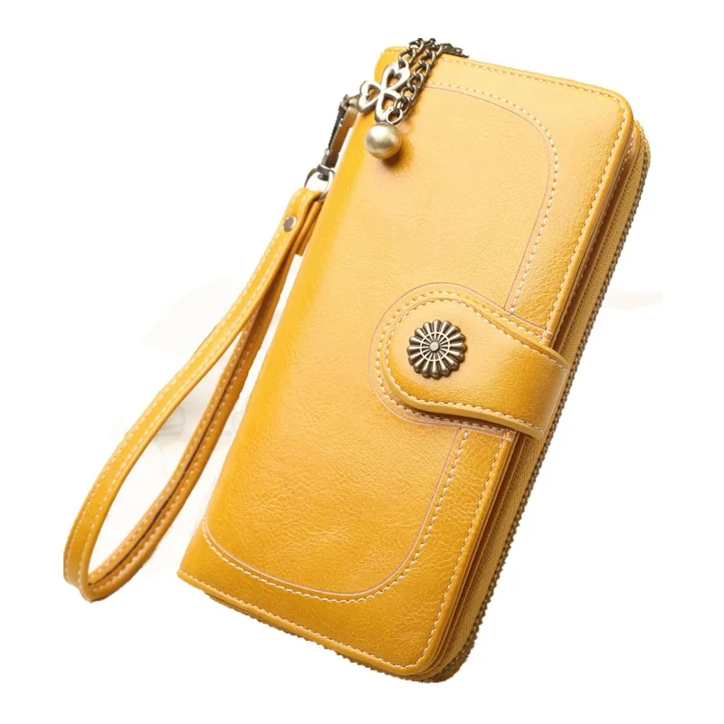 

Hot Sale Women Vintage Long Wallet Greased PU Leather Lady Zipper Phone Pocket Three-Fold Purse Female Luxury Clutch Money Bag