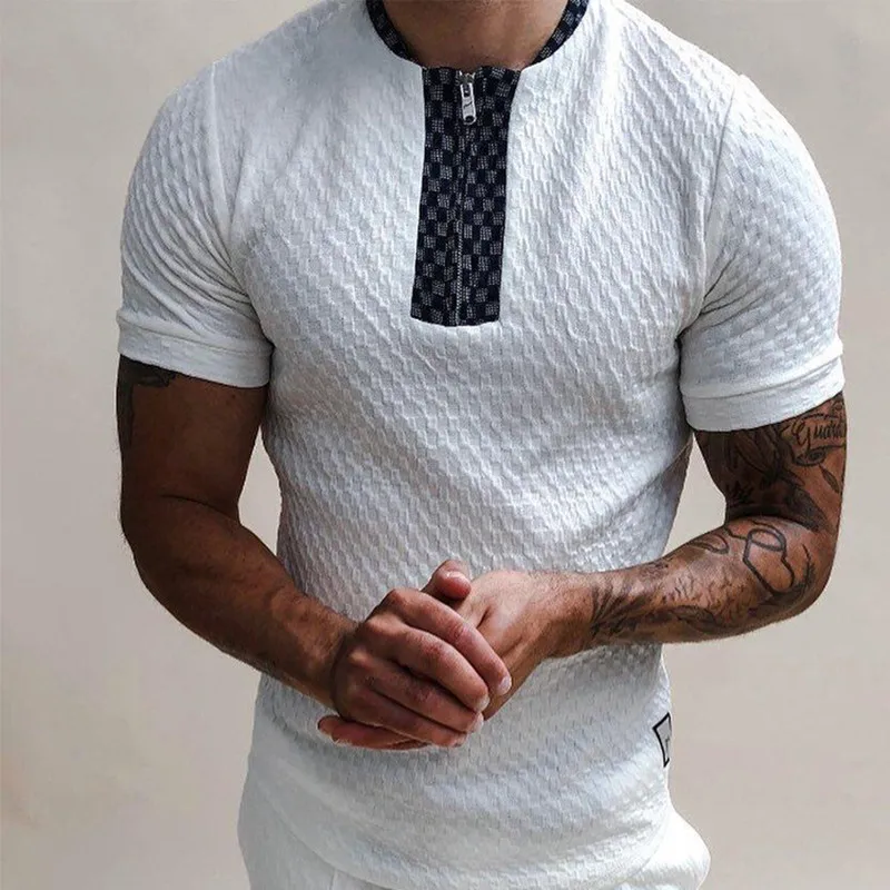 

Spring and summer European and American men's black zipper POLO shirt knitted jacquard men's white short-sleeved T-shirt top