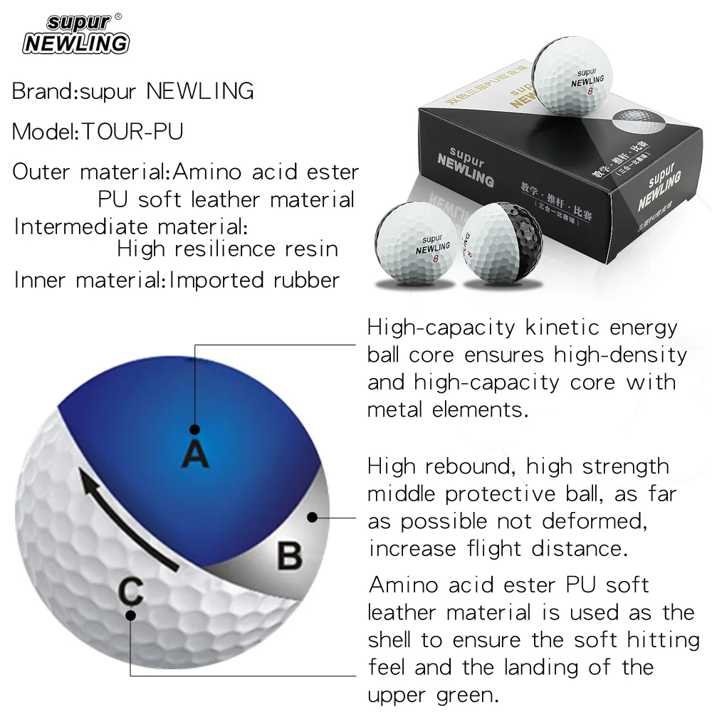 Трёхслойный тренировочный мяч supur для игры в гольф черно белый линейный прут