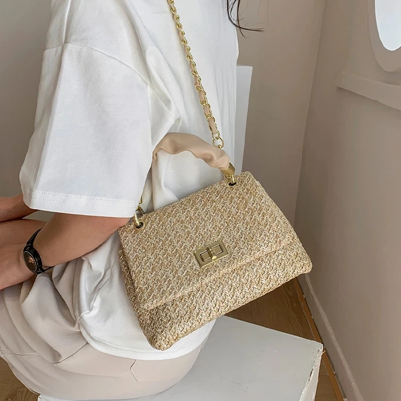 

Соломенная Сумка-тоут через плечо, Новинка лета 2021, Высококачественная Соломенная женская дизайнерская сумка, сумка-мессенджер на плечо с ц...