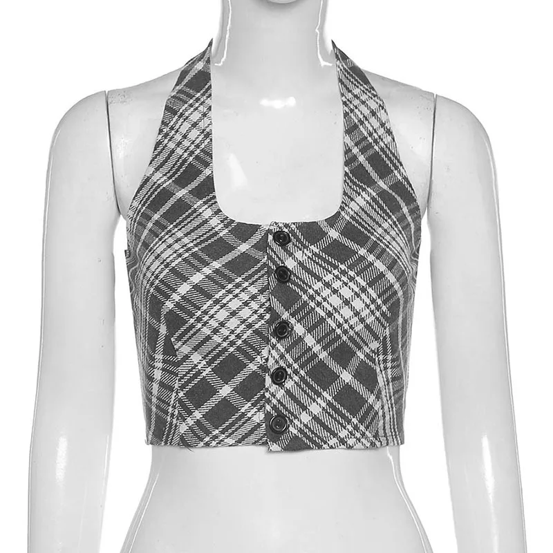 

Goth Dark Plaid Gothic Aesthetic Harajuku Women Crop Tops E-Girl Sexy Backless Bodycon Grey Halter Tank Top Patchwork 2021Summer