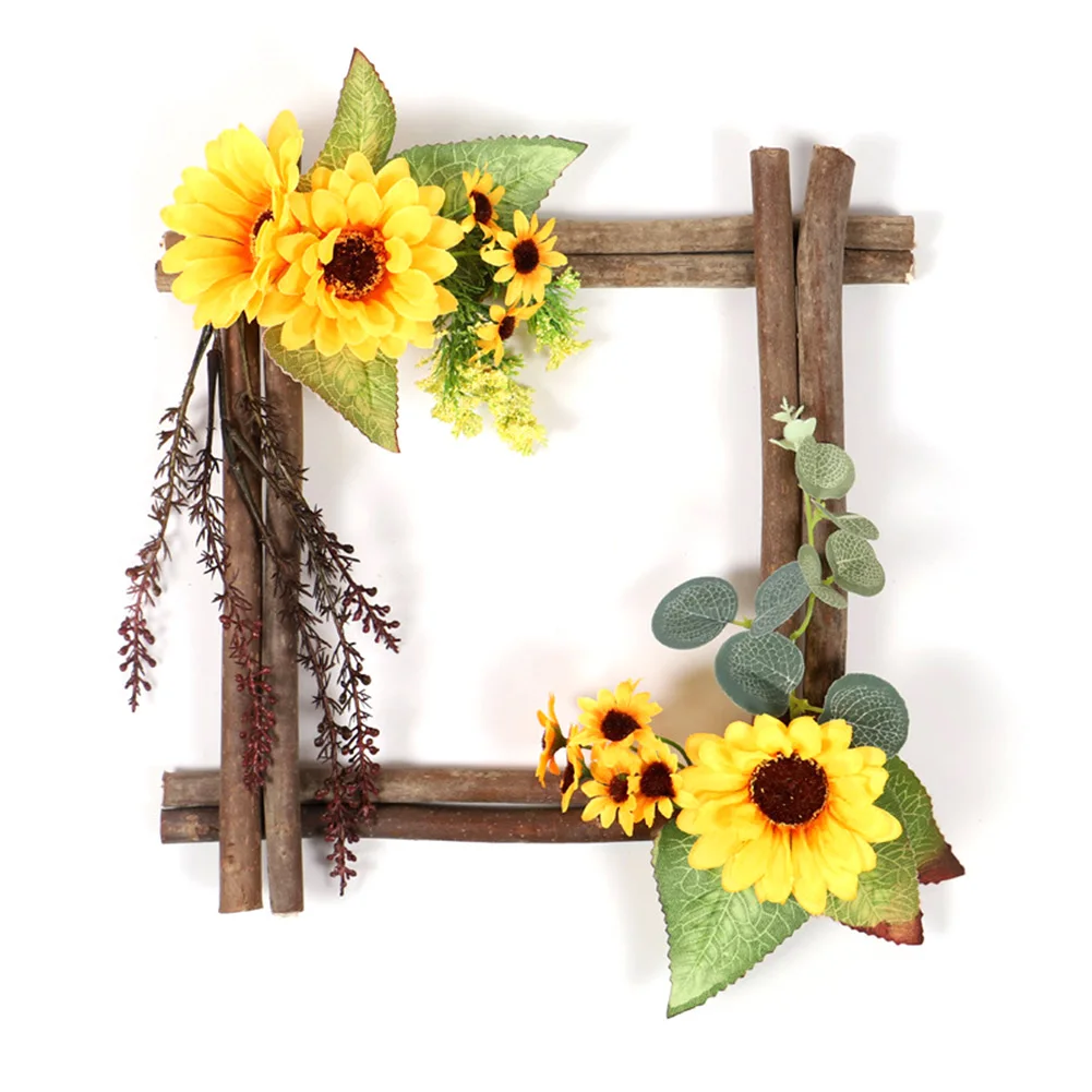 

Wooden Frame Artificial Sunflowers Ornament Decorations Faux Floral Decorative Hanging Ornament Wall Window Wedding Home Decor