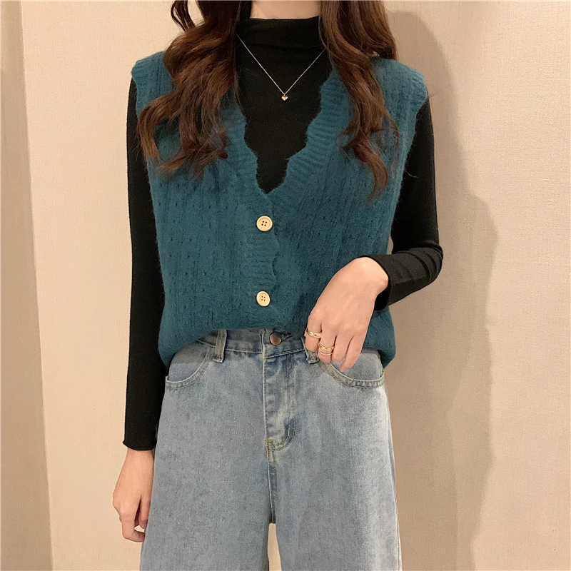 

2021 Autumn Solid Knitted Vest for Women Single Brreasted Sleeveless Jacket Female Deep V Neck Office Ladies Casual Outwear
