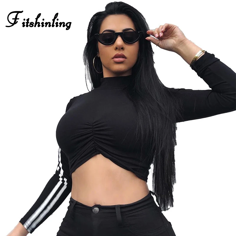 Fitshinling Ruched Athleisure футболки для женщин в полоску с длинным рукавом Тонкий