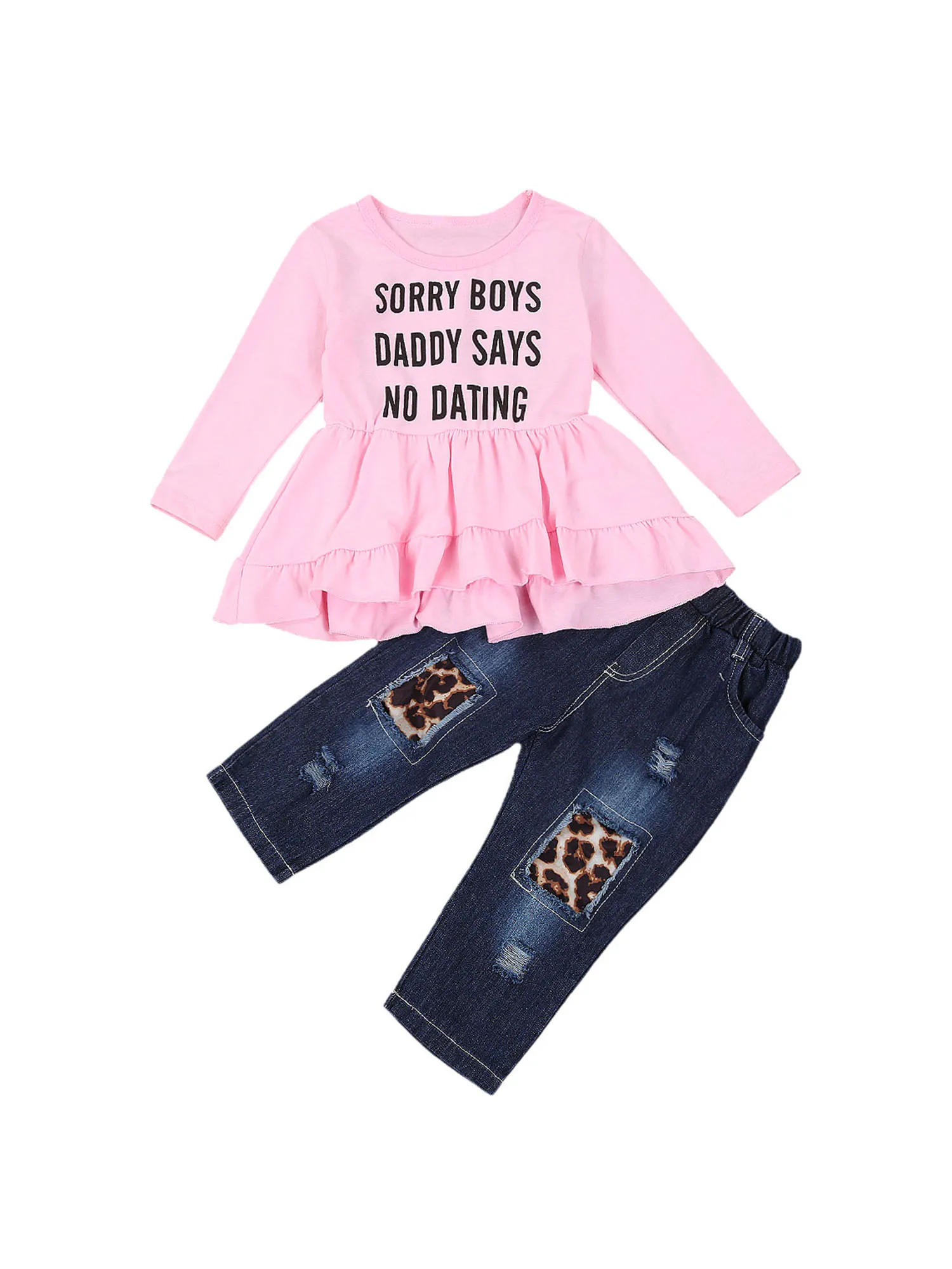 

2020 Fashion Little Girl Two Piece Suit Letter Print Long Sleeve Ruffle Tops+Denim Pants Spring Autumn Clothes for Girls 1-6T