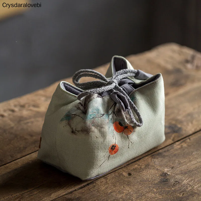 

Vintage Persimmon Tea Cup Cloth Storage Bag Portable Printing Travel Kung Fu Tea Cozies Hand Bags Tea Ceremony Accessories