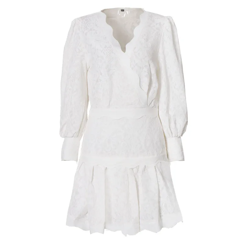 Выдалбливают Кружева платье женщины фонарь рукав высокой талии мини-платье |