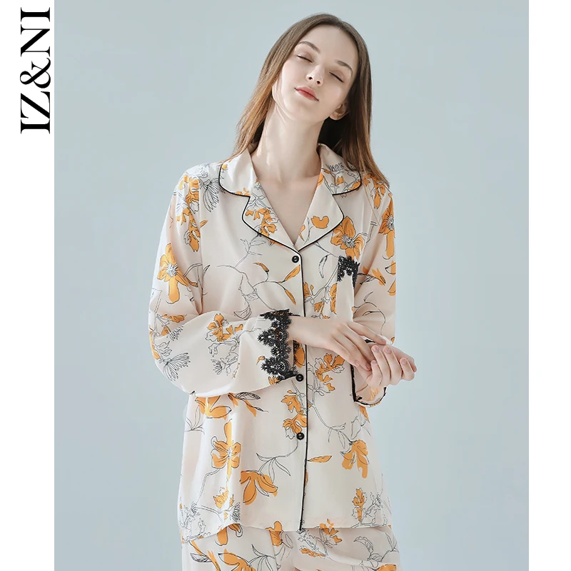 

★IIZZINI original autumn 2021 pajamas women long sleeve ice silk Chinese wind vines flower trousers leisurewear suit