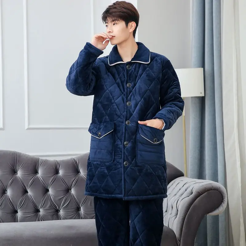 Men Autumn Winter New Thick Flannel Pajamas Set Coral Velvet Three Layers Cotton Warm Lounge Sleepwear Male Loose Casual Suit