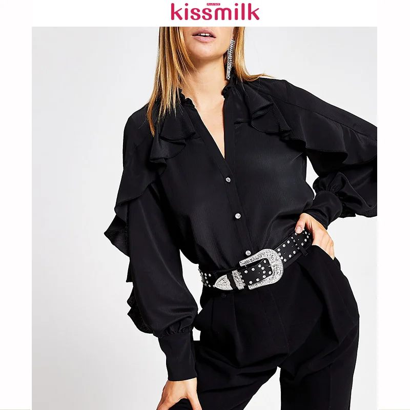 Kissmilk 2020 Осенняя модная простая Женская Однотонная рубашка с оборками и длинным