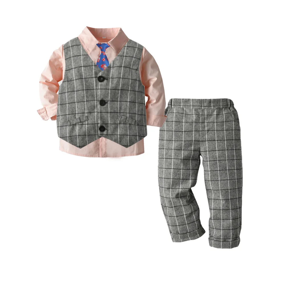 

Костюм Джентльмена для маленьких мальчиков на весну и осень, белая рубашка с галстуком-бабочкой + полосатый жилет + брюки, комплект официаль...