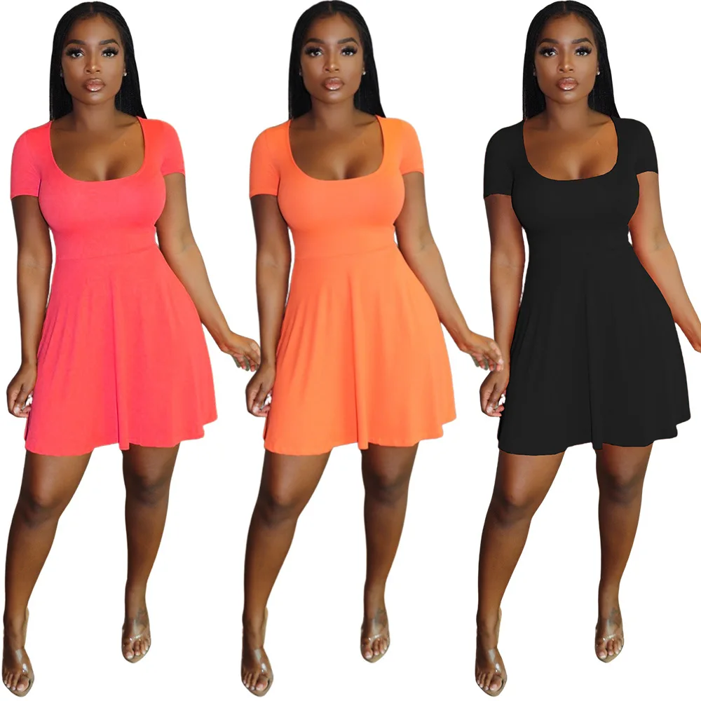 

Women Short Sleeve Basic A-line Mini Dress Fashion Classic Solid O-neck Dresses