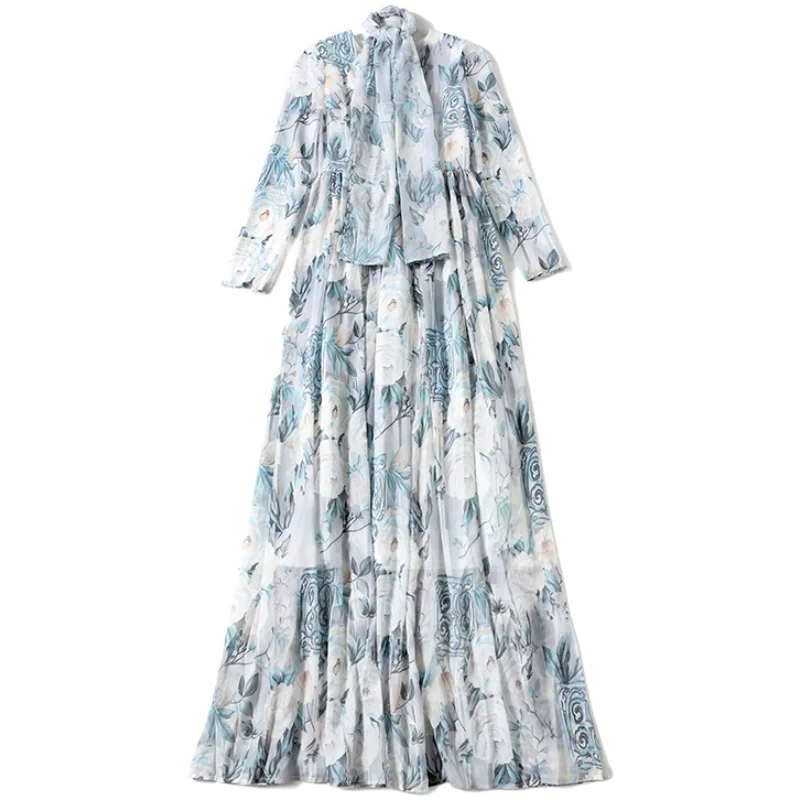 

Long-sleeved holiday style long dresses for women chiffon printed dress with silk scarf dresses women