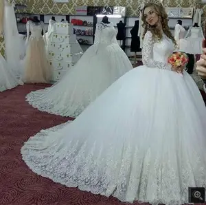 vintage ball gown long sleeve wedding dresses beaded lace appliques muslim women modest bride dress princess puffy corset bridal