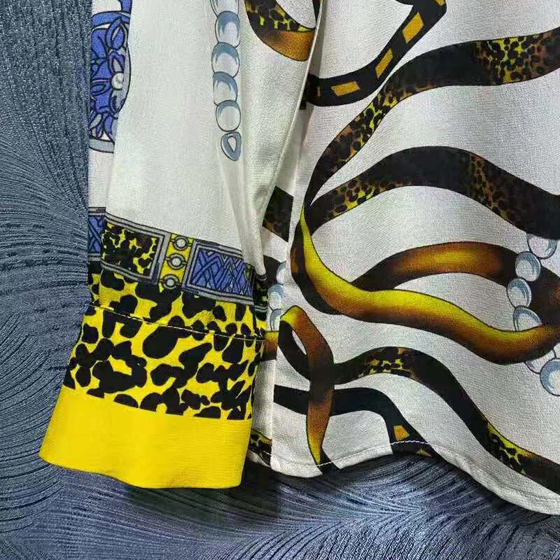 

SEQINYY 100% Silk Shirt Summer Spring New Fashion Design Women High Quality Leopard Print Vintage Yellow