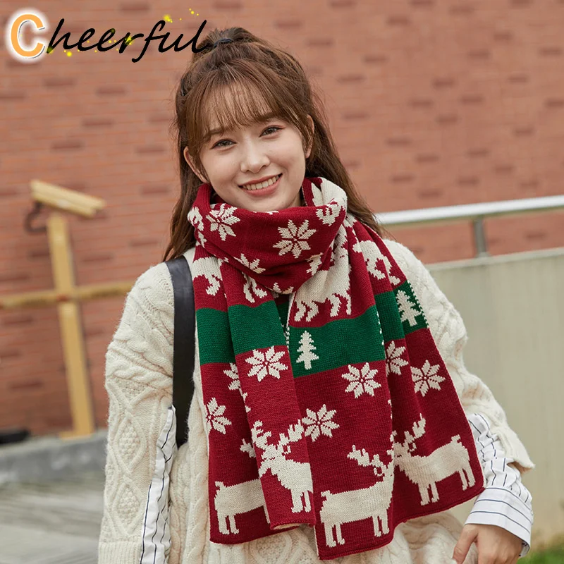 

Вязаный шарф с рождественским оленем, женский красный утолщенный теплый шарф, длинный подарок для студентов, зеленый Рождественский снегов...