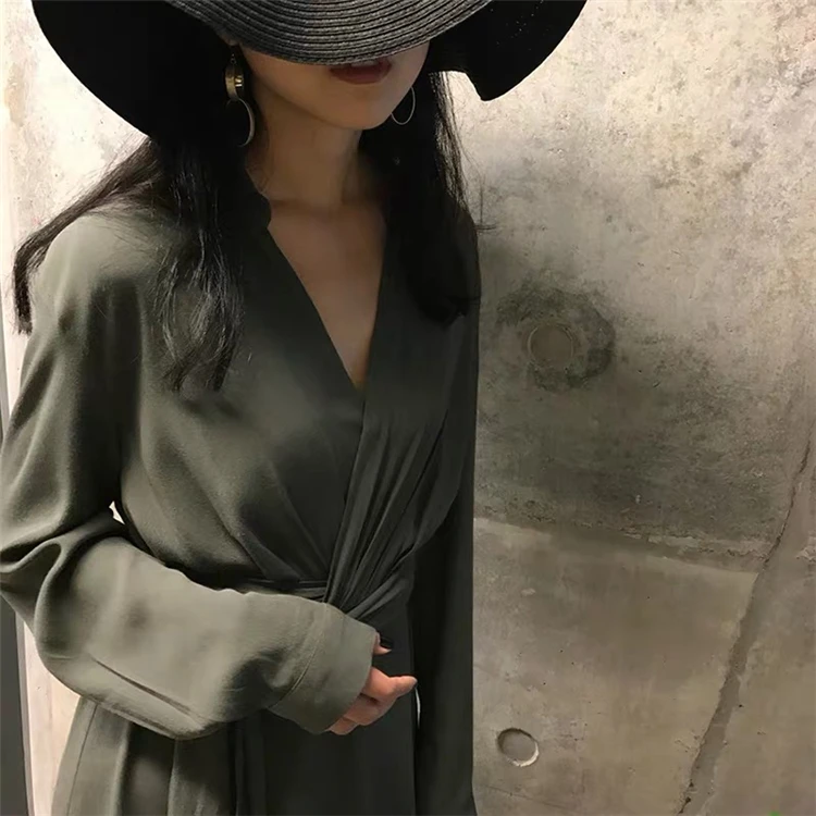 Женское однотонное платье миди Colorfaith элегантное с длинным рукавом v образным