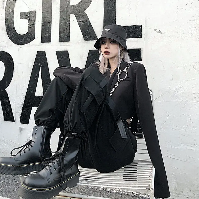

HOUZHOU Gothic Cargo Pants Women Harajuku Plus Size Japanese Streetwear Wide Leg Pants Gothique High Waist Casual Loose Trousers