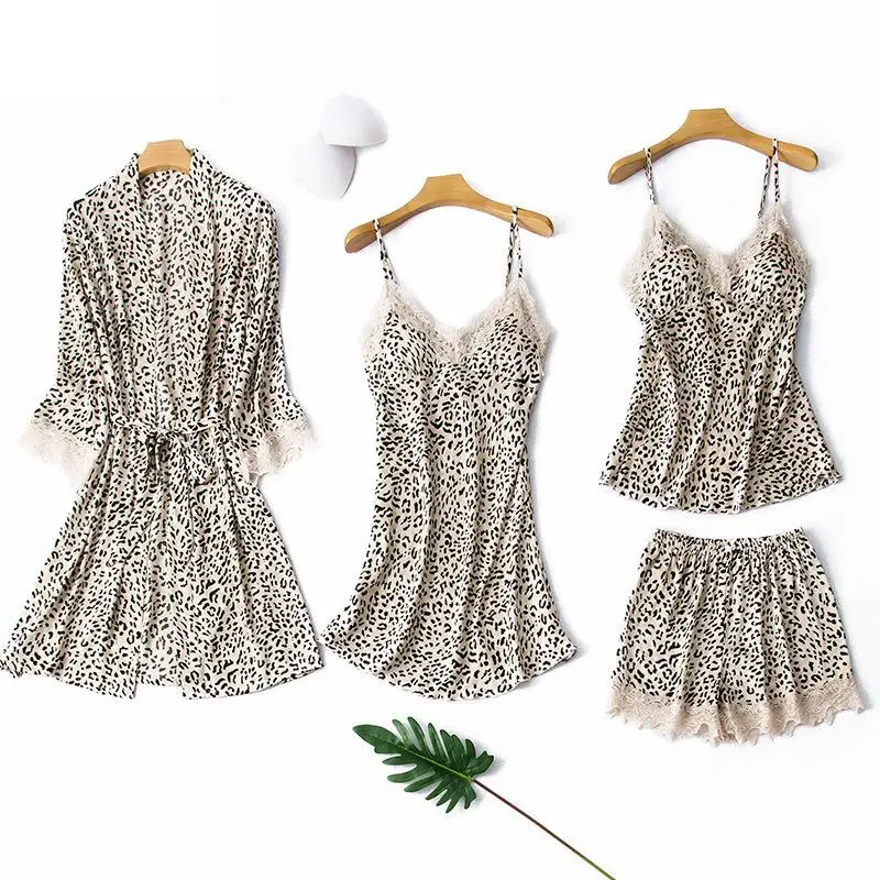

Lady Nightwear Lace Leopard Pajamas Set Sexy Kimono Gown 4PCS Satin Sleepwear With Pads Silky Bathrobe Intimate Lingerie