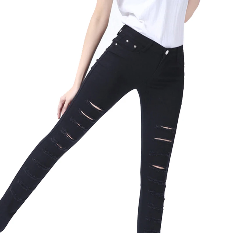 

YSDNCHI Pencil Trousers Ripped Fashion Slim Women Hole Jean Slim Knee Cut Skinny Hole Long Jeans Mid Waist Black White Pants