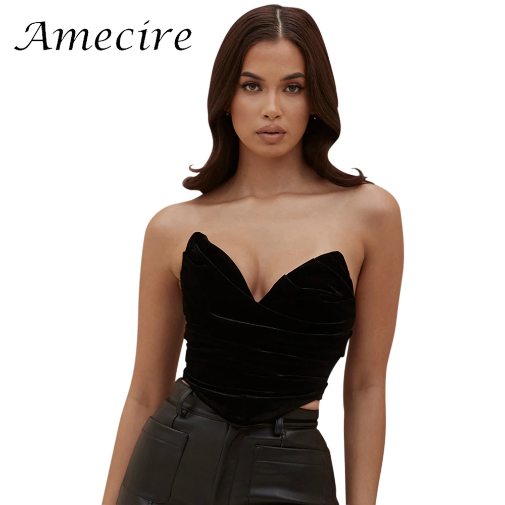 

Amecire Women Fall Winter Velvet Tank Crop Top Sexy V Shape Underwire Tops Black Velour Corset Party Clothes Girls Fashion Wear