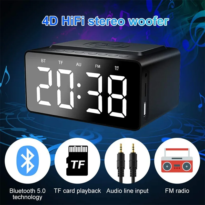 alarm clock digital Bluetooth Speaker fm radio with USB Charger &amp Wireless QI Charging 3 Level Digital Desktop Clock | Дом и сад