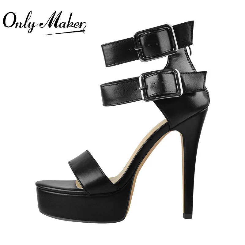 

Onlymaker Platform Sandals Concise Summer Thin High Heel Matte Black MatteAnkle Buckles Soft Zipper Fashion Heels