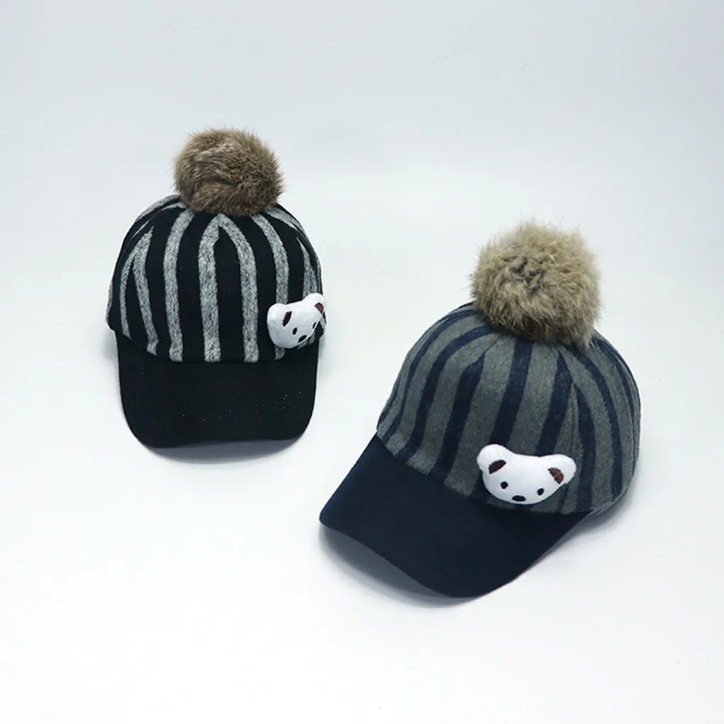 Fashion Children Woollen Cloth Stripe Little Bear Hair Ball Baseball Cap Hat new born photography baby boy clothes gorro | Детская