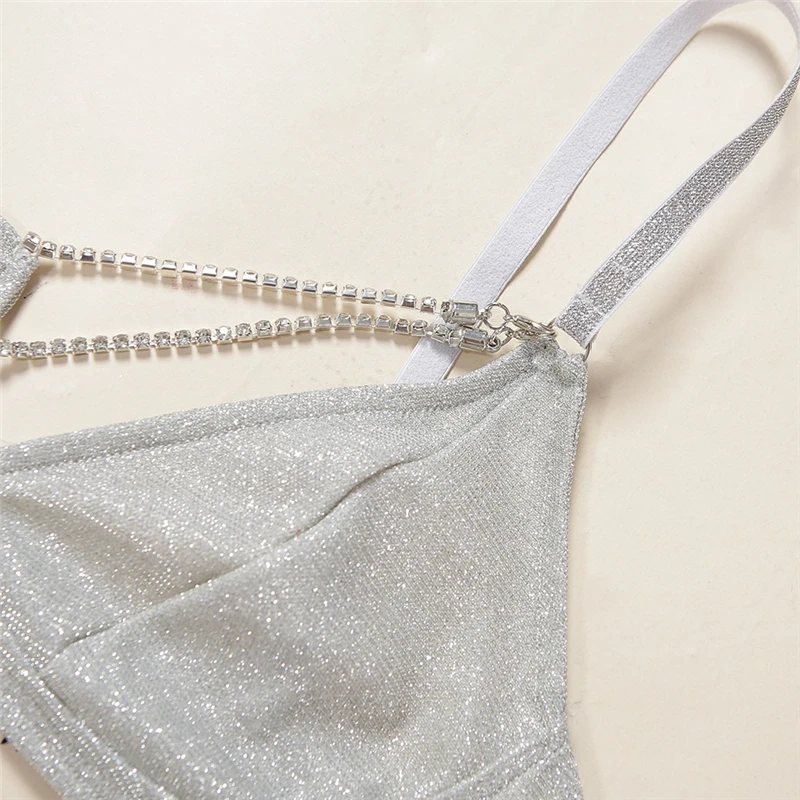 

Spaghetti Strap Lingerie Bra and Panty Matching 3 Piece Set Fashion Sexy Underwire Push Up Bra Glitter Hot Rhinestones Chain