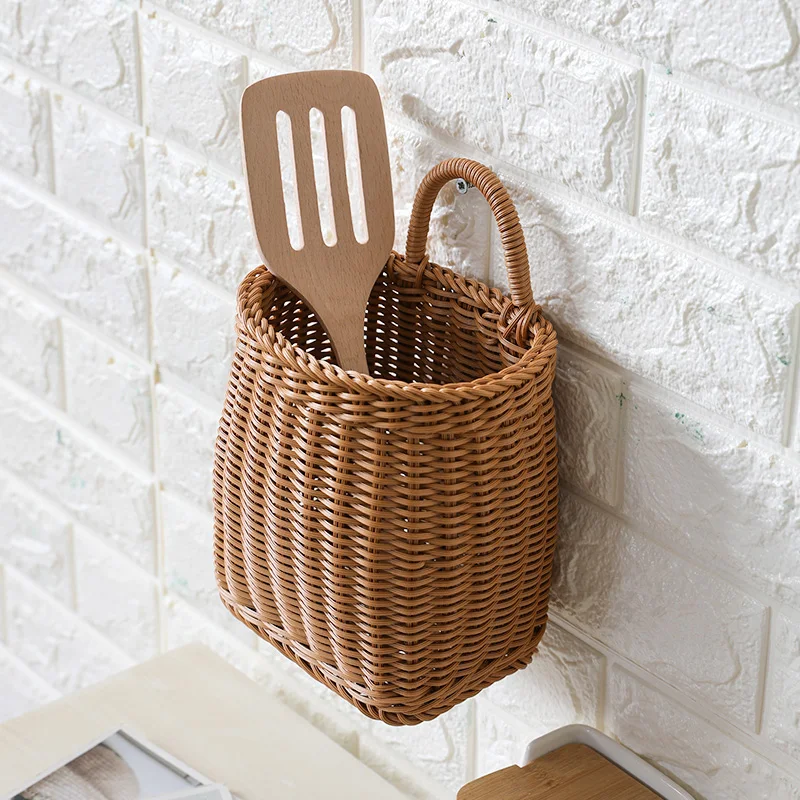 

Hand-Woven Pastoral Retro Style Kitchen Hanging Basket Storage Basket Bathroom Supplies Wall-Mounted Rattan Basket Wicker