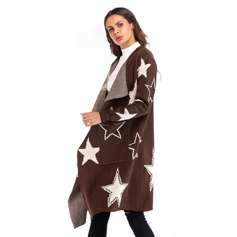 Женский длинный рукав принт со звездами Длинные кардиганы европейский стиль
