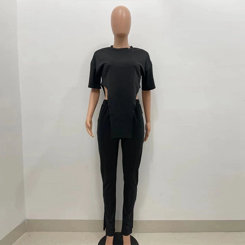 

Summer Outfits Two Piece Set Short Sleeve Irregular Top Hem Split Pants Tracksuit Women Clothes Sexy Club Matching Sets