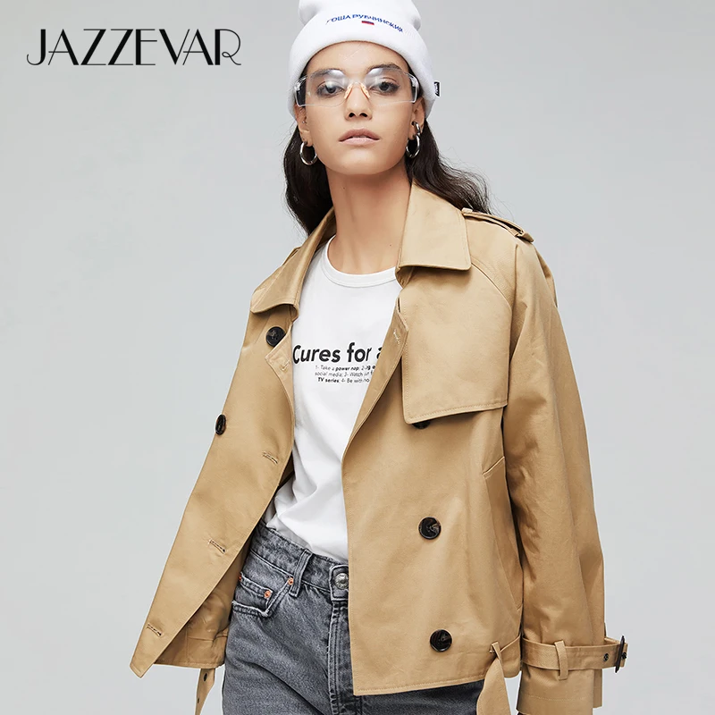 JAZZEVAR Новое поступление осенний тренч женская модная повседневная хлопковая двубортная куртка короткая свободная верхняя одежда женский плащ на осень-весну 9018-1