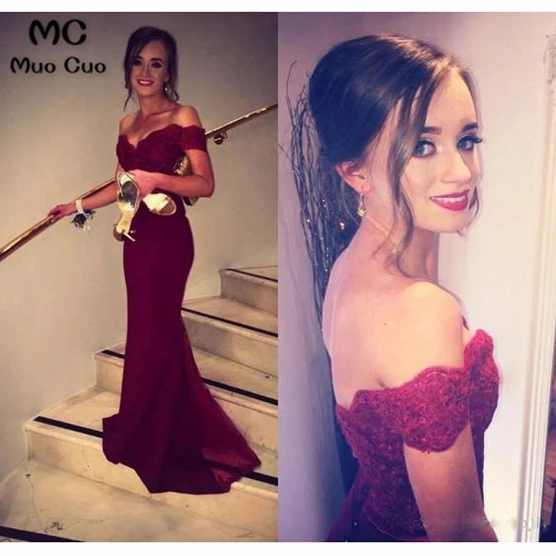 

2021 Off the Shoulder Burgundy Prom Dresses Long Mermaid Evening Party Dress Elastic Satin Women's Prom Dress