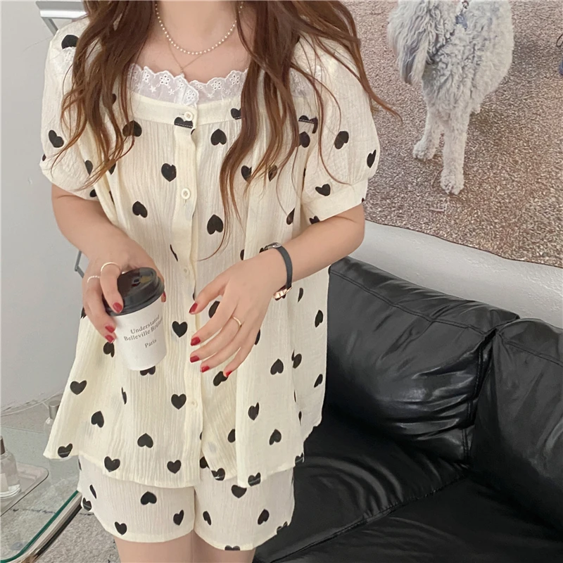 

Black Heart Print Summer Pajamas Set Women Square Collar Short Sleeve Shirts + Shorts Set Two Piece Home Suit Sweet Homewear