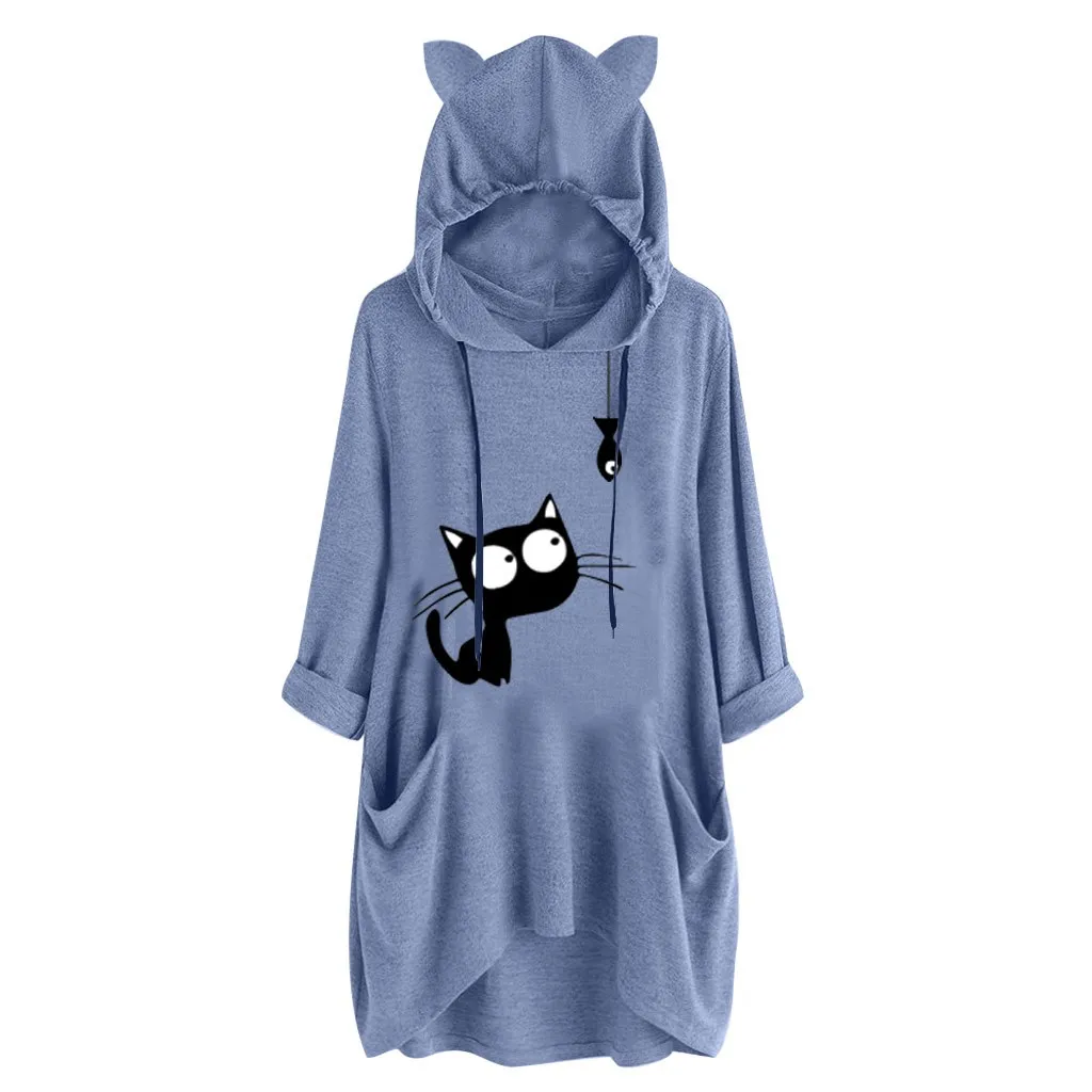 

Women Casual Print Cat Ear Hooded Long Sleeves Pocket Irregular Top Blouse Shirt tops women camisas de mujer clothing 2021