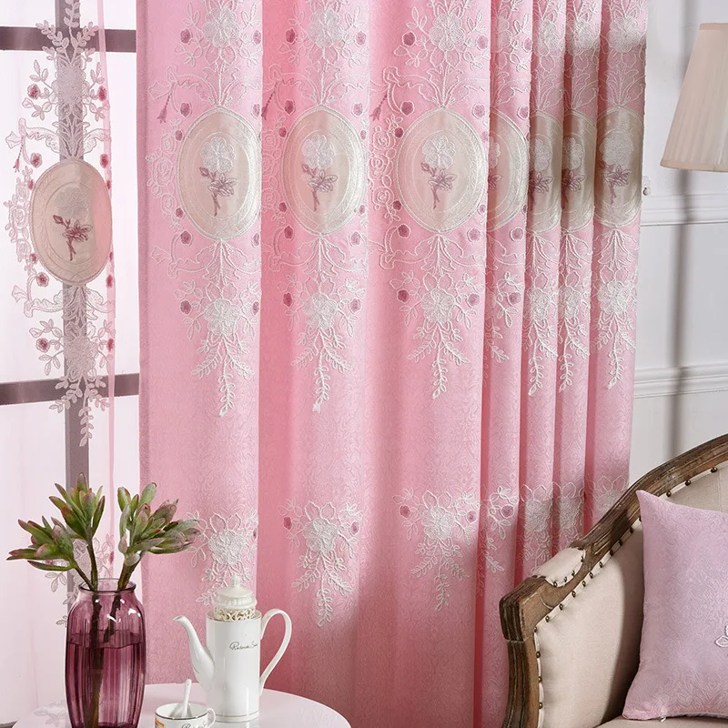 

European-style Curtains for Living Dining Room Bedroom Light Luxury Pink Princess Style Girl Bedroom French Window Curtain Tulle