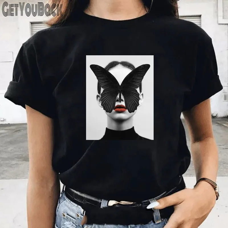 

Butterfly Print Cartoon Casual SummerT-shirts Female Loose Letters Large Size Tees Cute Ulzzang Vintage T-Shirt