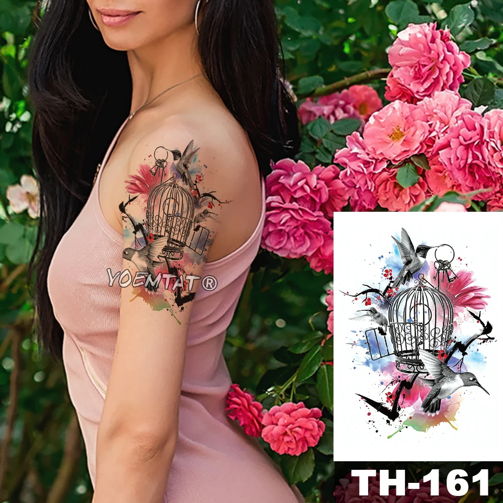 

Waterproof Temporary Tattoo Sticker birdcage key pattern Water Transfer watercolor Flower brid body art flash fake tatoo